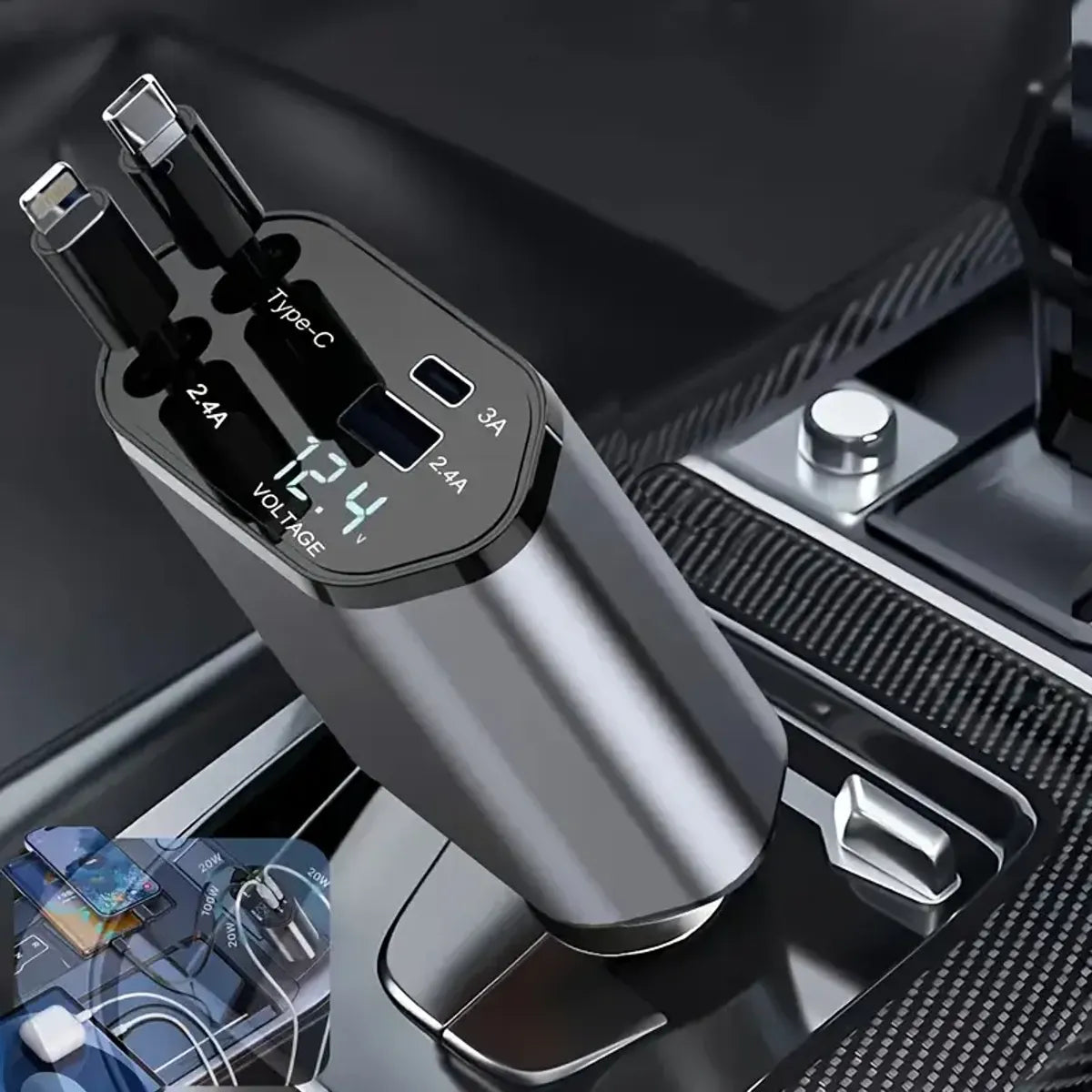120W Fast Car Charger (2025 New Version) with 80CM Retractable Type-C Charging for 4 Devices – Universal Car Mobile Charger for All Smartphones & Tablets (Car Charger)
