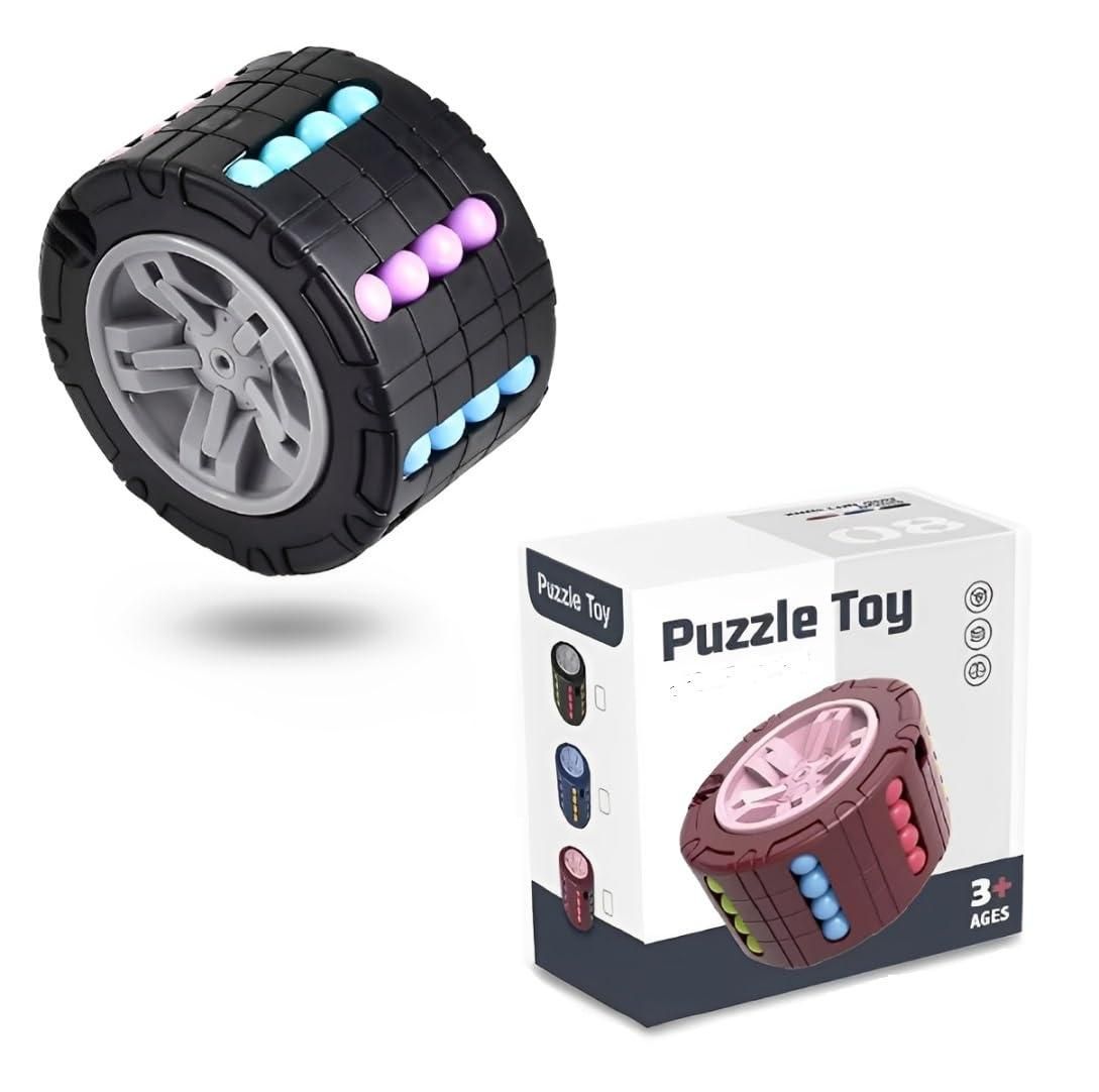 Puzzle Toy Hand holding a blue puzzle toy with colorful beads and text encouraging brain exercise