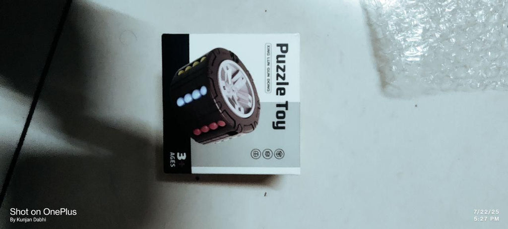 Puzzle Toy Hand holding a blue puzzle toy with colorful beads and text encouraging brain exercise