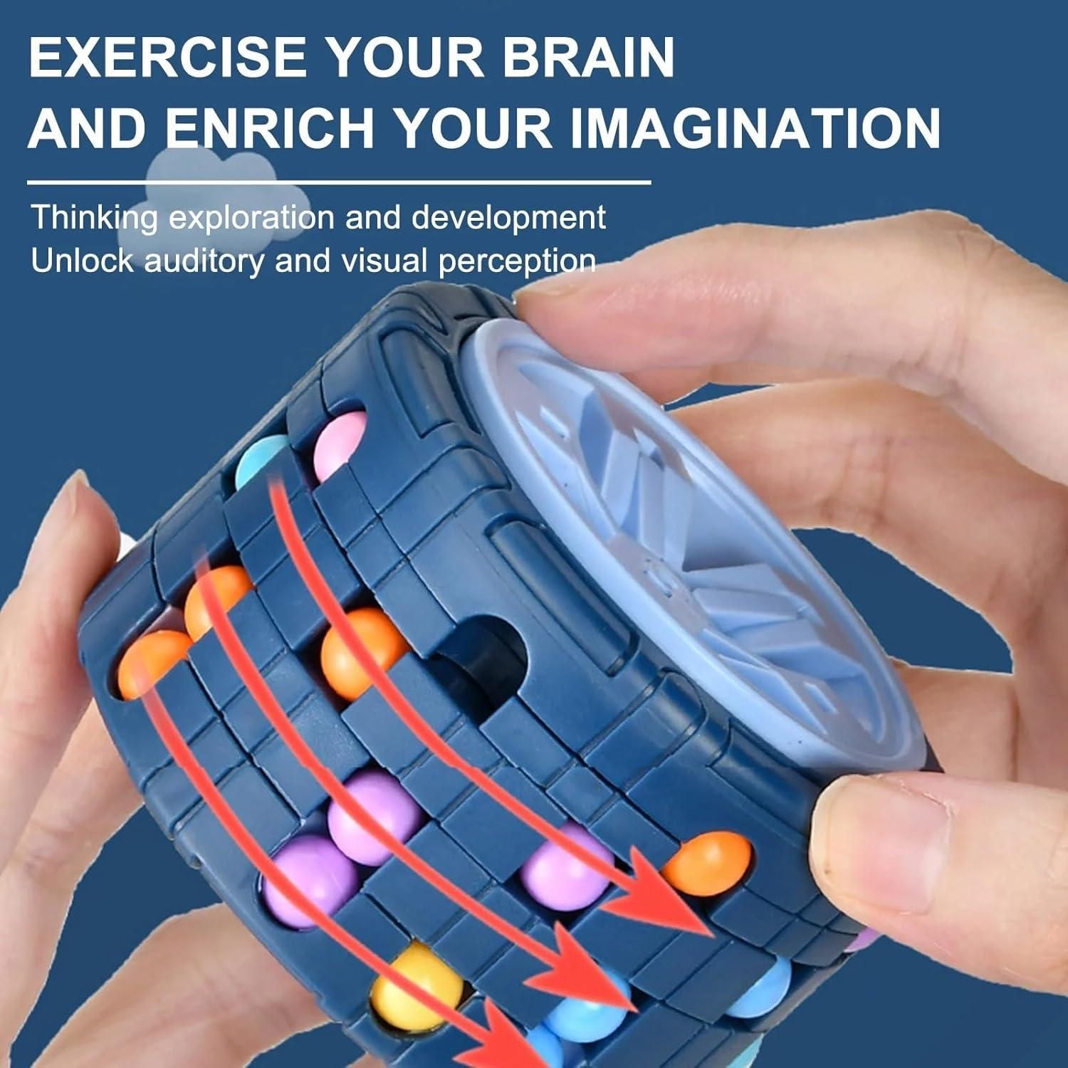 Puzzle Toy Hand holding a blue puzzle toy with colorful beads and text encouraging brain exercise