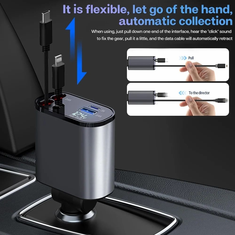 120W Fast Car Charger (2025 New Version) with 80CM Retractable Type-C Charging for 4 Devices – Universal Car Mobile Charger for All Smartphones & Tablets (Car Charger)